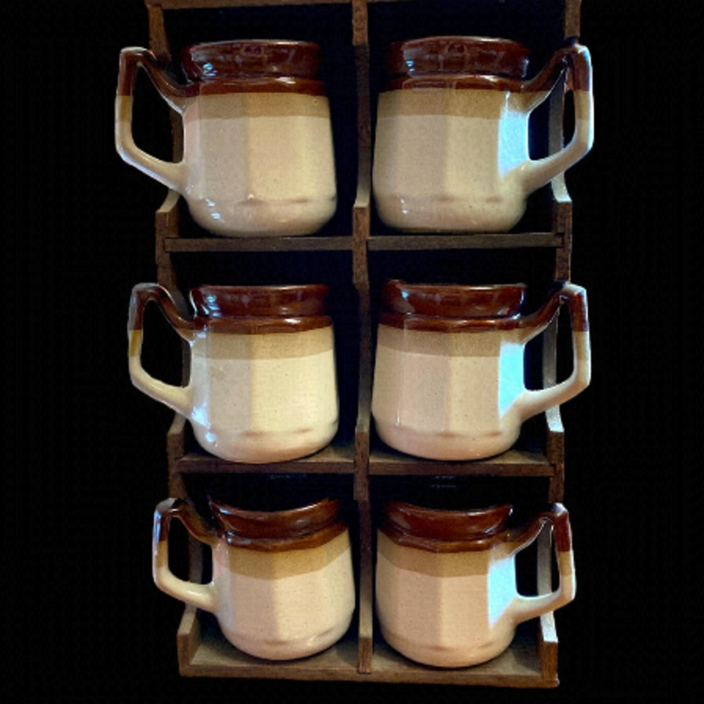 Stoneware Mugs Set of 6 in a Cup Cupboard Wooden Vintage excellent condition